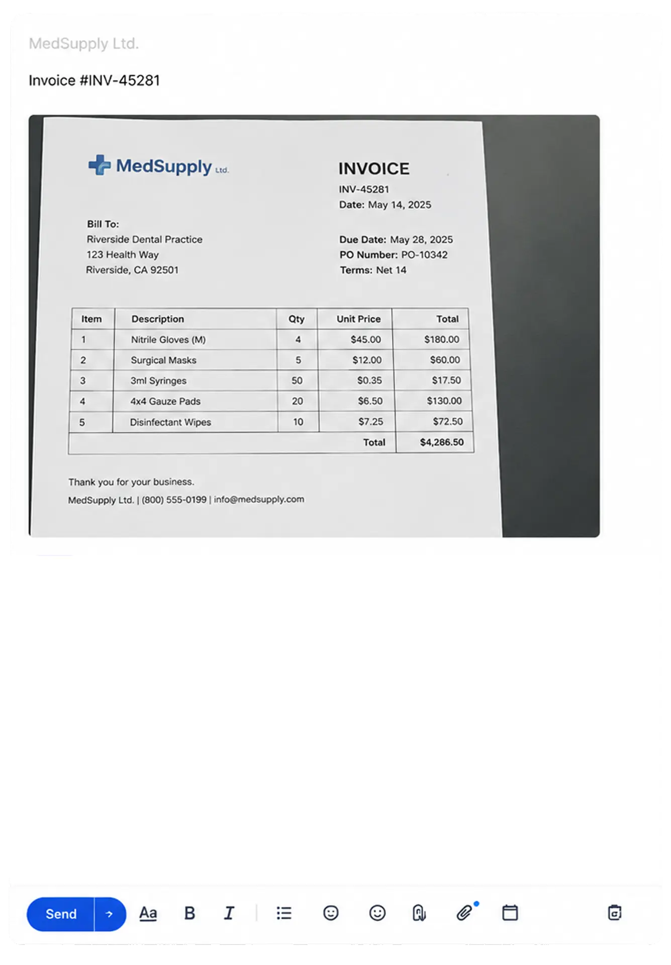 Supplier invoice opened in an email draft