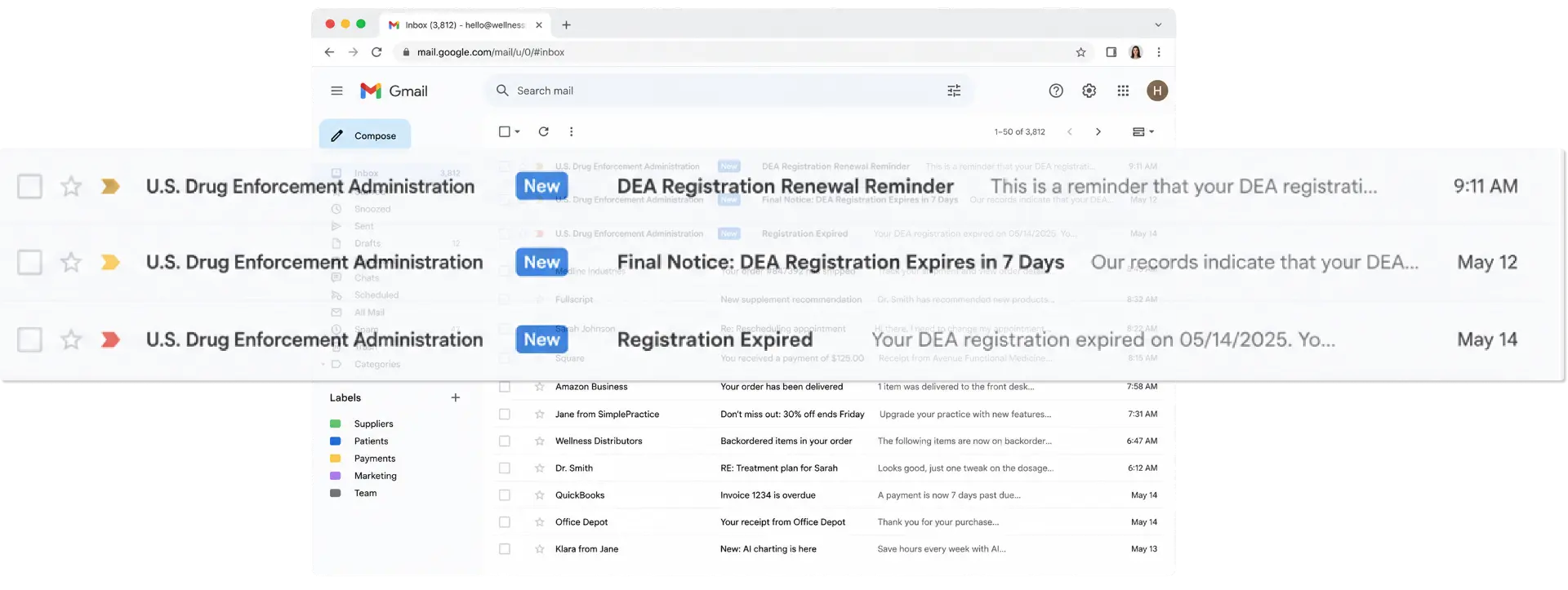 Inbox with DEA registration renewal and expiry notices