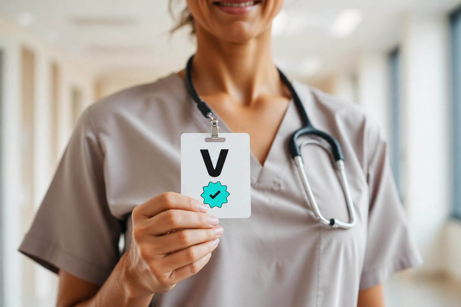 A healthcare professional in scrubs holds a Vida Verified badge toward the camera.