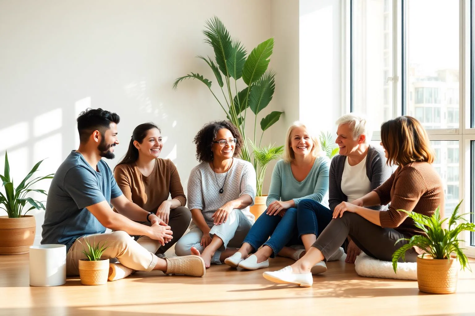 A small diverse group connects during a bright, sunlit indoor wellness session.