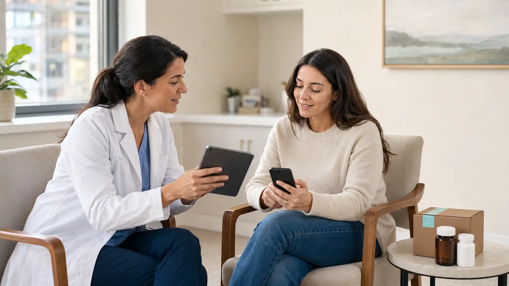 A provider and patient sit together reviewing recommendations on a tablet and phone, with supplements and a delivery box nearby.