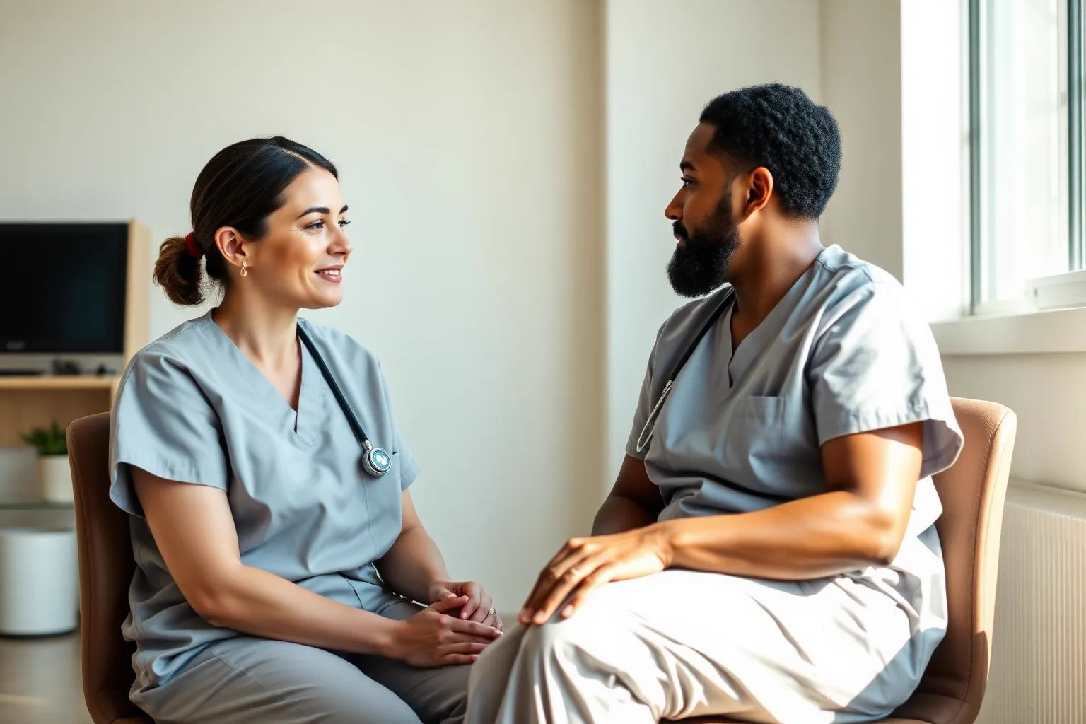 A clinician in scrubs speaks with a patient during a calm, naturally lit consultation.