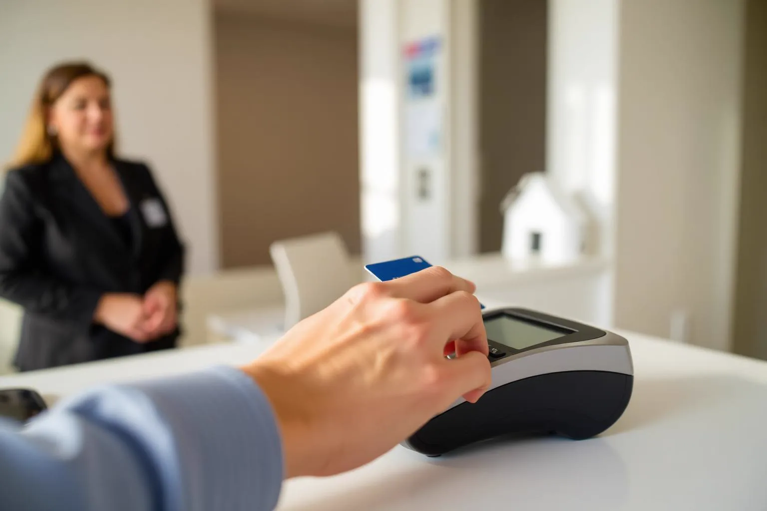 A patient taps a card on a card terminal at a bright clinic reception desk.
